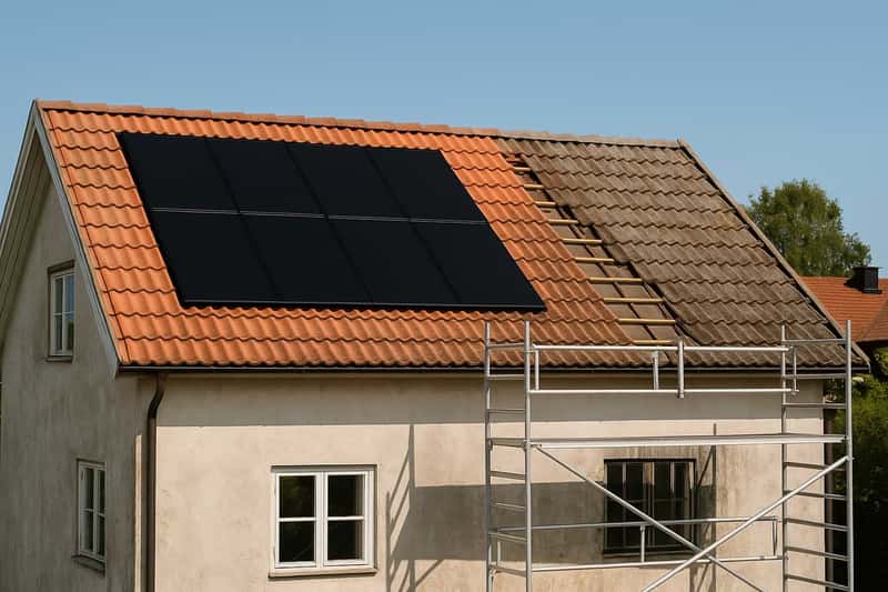 Ett äldre hus med takbyte där vänster sida har nya rödbruna betongpannor med installerade solpaneler och höger sida har slitna pannor med några bortplockade, samt en aluminiumställning intill.