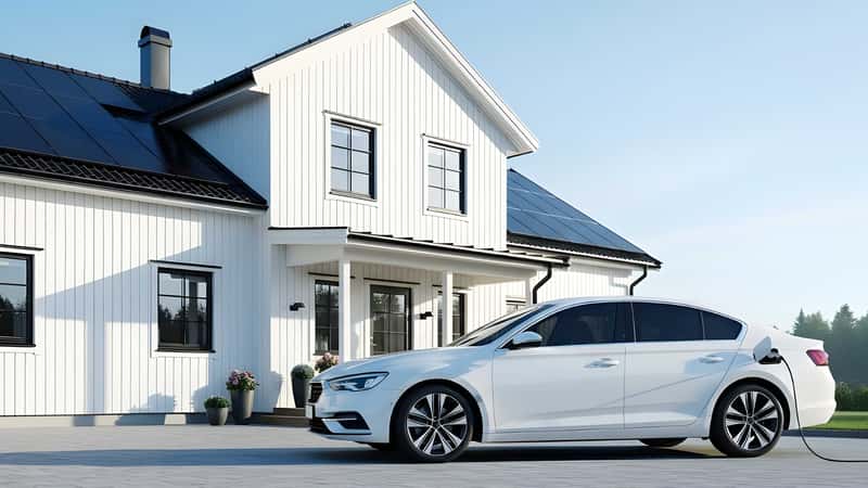 En vit elbil laddas framför ett hus med solpaneler på taket som visar sambandet mellan solenergi och elbilsladdning.