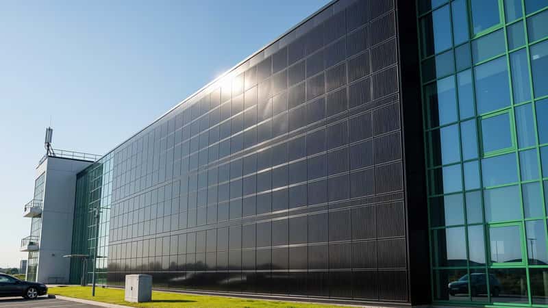 En modern byggnad med solceller integrerade i fasaden under klar himmel.