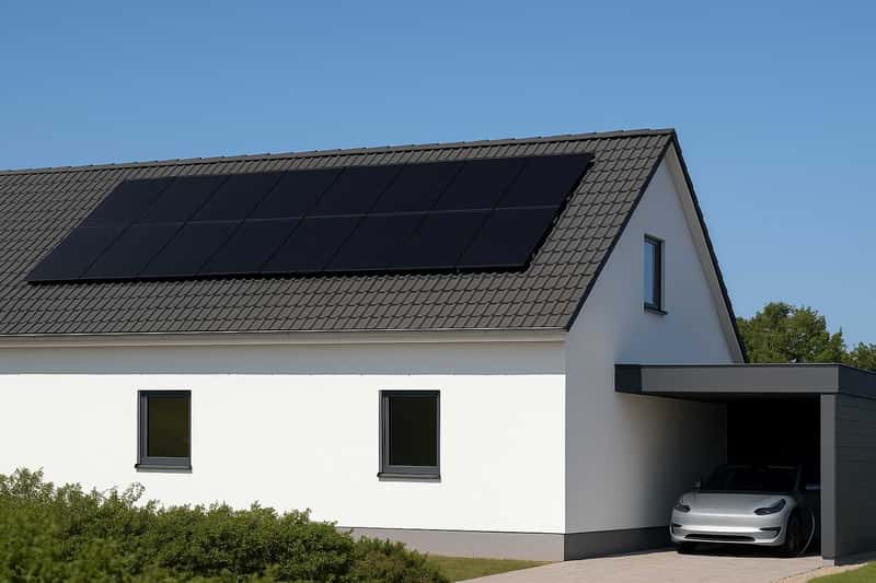 En modern vit villa med svarta solceller på fibercementtak har en stilren carport med en diskret parkerad elbil under.