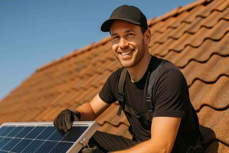 En leende svensk montör i 30-årsåldern installerar solceller på ett tegeltak i solsken.