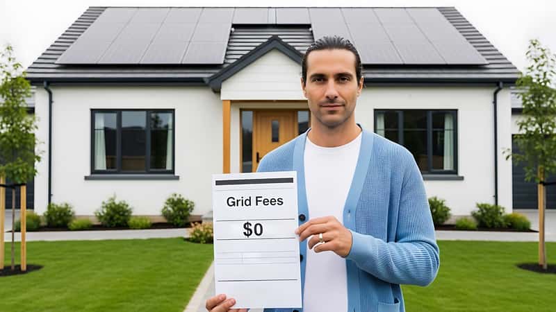 Person framför villa med solpaneler håller en skylt med texten ”Grid Fees $0”, som symboliserar slopade nätavgifter.