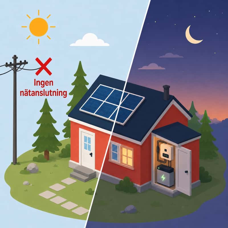 Off-grid-stuga med solceller och solcellsbatteri utan nätanslutning.
