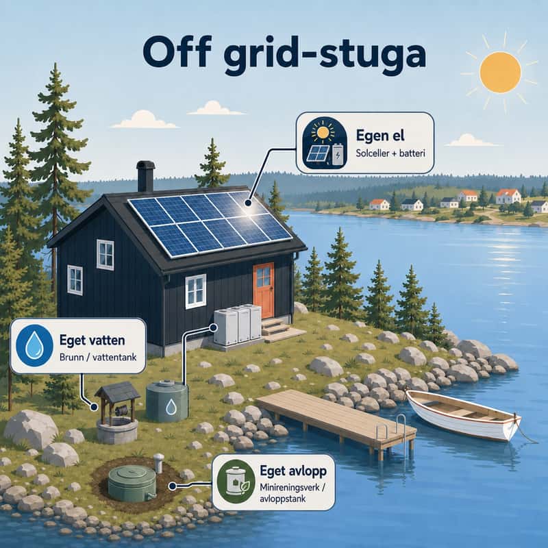 Off grid-stuga vid sjö med solceller och batteri, egen vattenförsörjning samt eget avlopp.