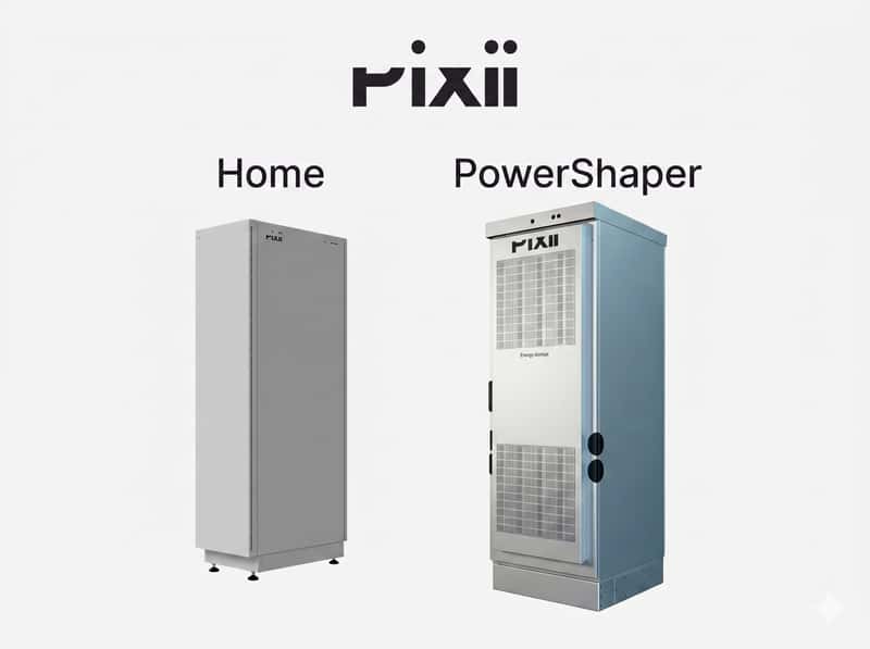 Pixii-logotypen syns över två batteriskåp mot ljus bakgrund. Till vänster visas modellen Home och till höger modellen PowerShaper. Home är ett slätt, ljusgrått skåp medan PowerShaper har synliga ventilationsgaller.