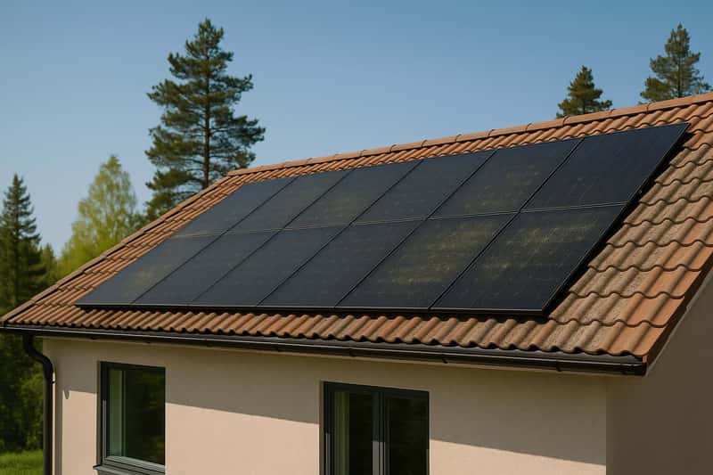 En modern svensk villa med svarta solpaneler på taket täckta av ett tunt lager gult pollen under en solig vårdag, omgiven av grönskande tallar och granar.