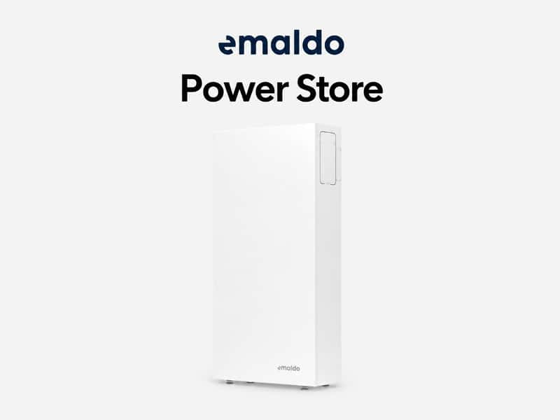 Ett Emaldo Power Store-batteri visas mot en ljusgrå bakgrund.