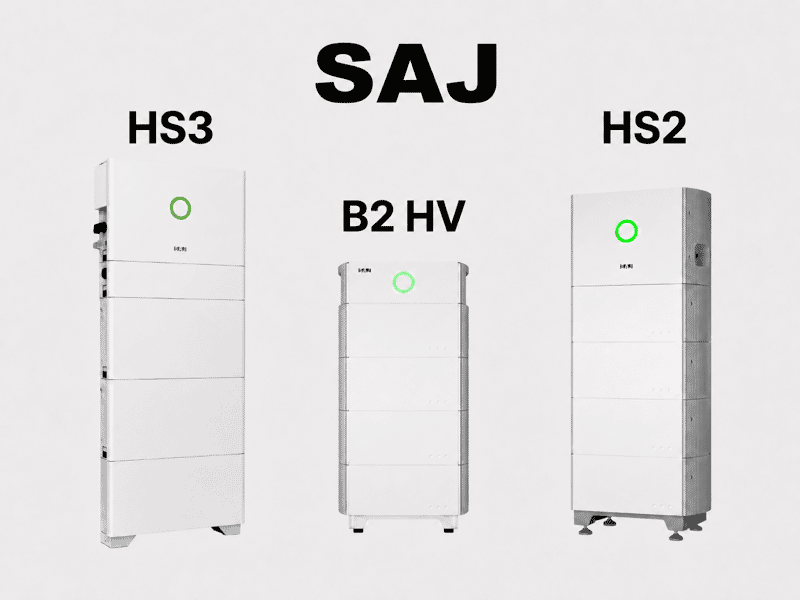 Bild på tre vita SAJ-batterier mot ljus bakgrund. Modellerna är märkta HS3, B2 HV och HS2. Varje batteri har en grön statusring på framsidan.