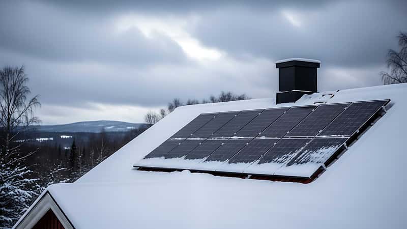 Solpaneler på snötäckt tak i norrländskt vinterlandskap som visar hur solceller fungerar i kallt klimat.