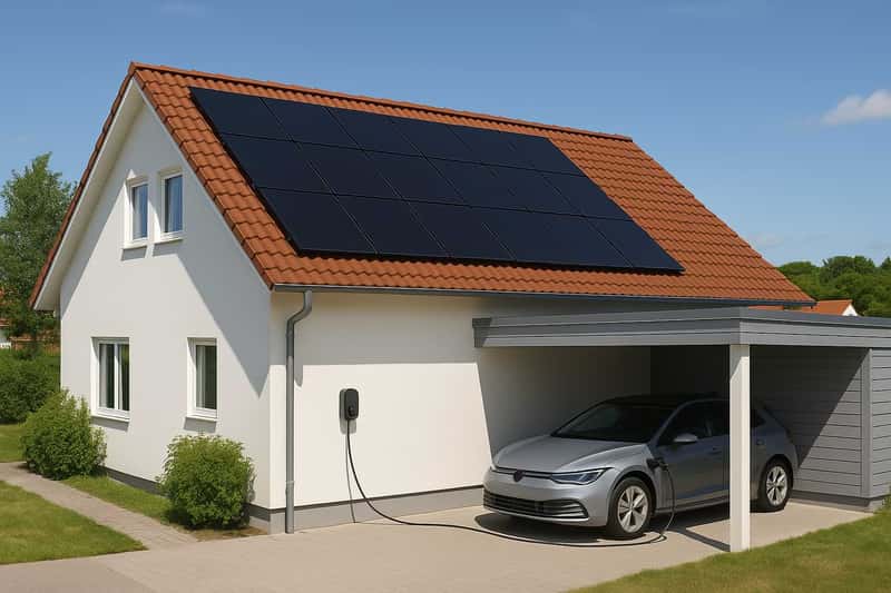 En modern villa med rödbruna betongpannor och svarta solceller har en carport där en elbil står parkerad och laddas med kabel som ligger längs marken bredvid bilen.