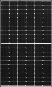 Monokristallin solpanel med svart, enhetligt utseende. Bilden visar exempel på en monokristallin solcell som ofta används på tak.