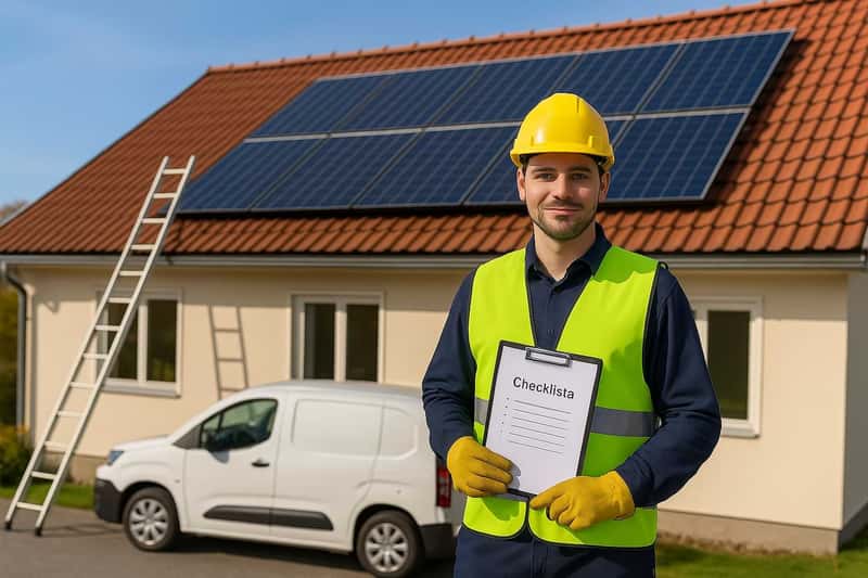 En manlig inspektör i skyddsutrustning håller en checklista framför en villa med solpaneler på taket, med stege och servicebil synliga under en solig vårdag.