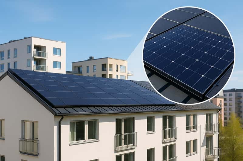 Ett modernt flerbostadshus med svarta solpaneler på taket under klarblå himmel, där en rund förstoring visar solcellernas detaljer.