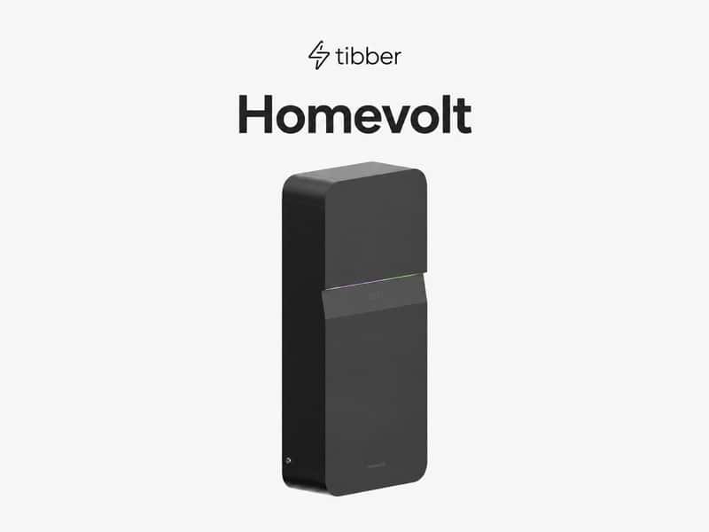 Tibber Homevolt-batteri mot ljus bakgrund med produktnamn ovanför.