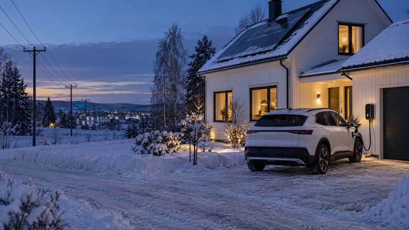 Elbil kopplad till en dubbelriktad laddbox vid en vit villa med solceller en vinterkväll, med elledningar som leder mot staden i bakgrunden.
