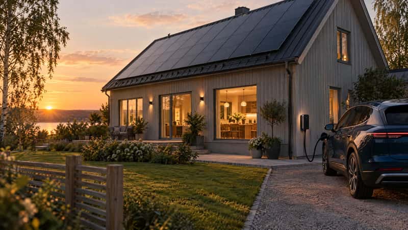 Elbil kopplad till en dubbelriktad laddbox vid en villa med solceller på taket en sommarkväll i solnedgång.
