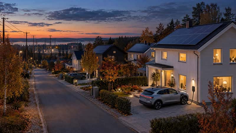 Villagata en höstkväll där en elbil laddas med en dubbelriktad laddbox vid ett hus med solceller, med elledningar och en transformatorstation i bakgrunden.