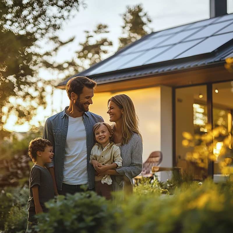 glad familj med solceller på svensk villa