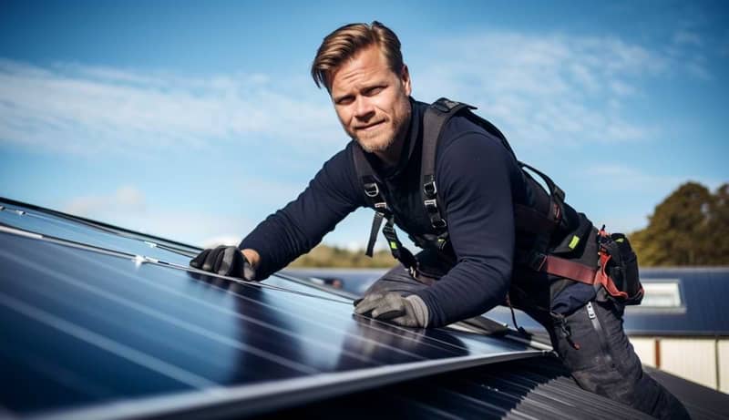 solcellsmontör installerar solceller på ett tak