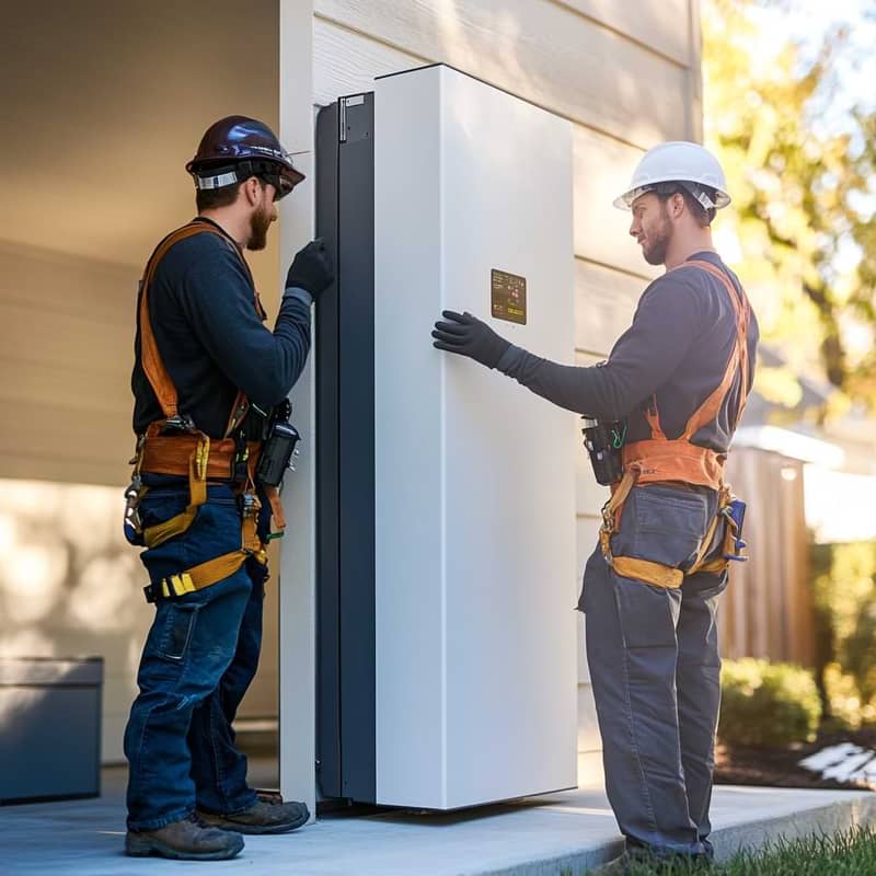 installatörer installerar ett solcellsbatteri