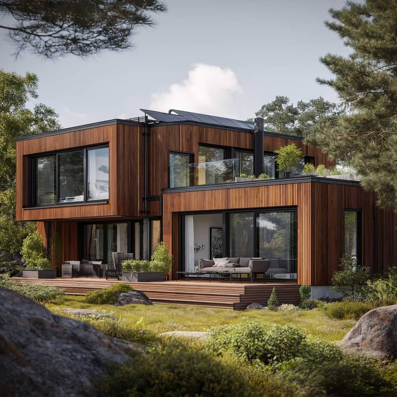 En modern villa i trä med stora fönster och platt tak syns i bilden. På taket är solpaneler installerade och omgivningen består av grönska och stenar. Huset har en rymlig terrass med sittplatser och krukväxter. Arkitekturen är stilren och harmoniserar med den naturliga miljön runt omkring.