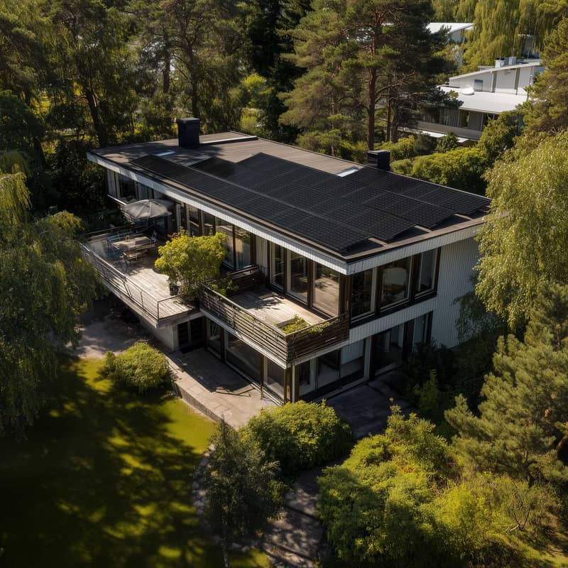 Ett modernt hus med platt tak där solpaneler är installerade, omgivet av grönska och med en stor altan med sittplatser.