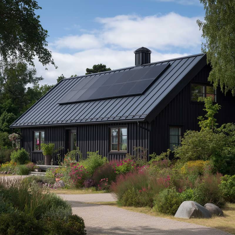Ett svart trähus med svart plåttak där solceller är installerade på takets ena sida, omgivet av en grönskande trädgård med färgglada blommor och buskar.