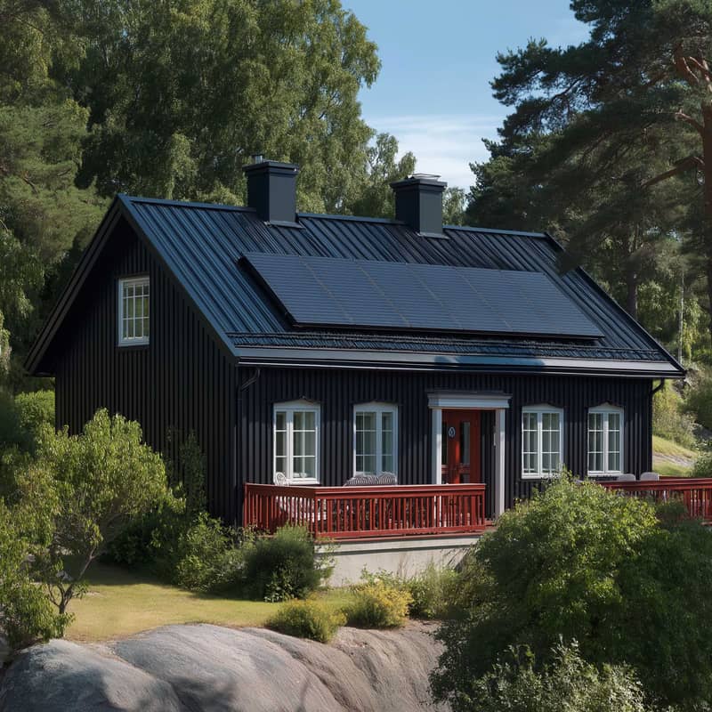 Ett svart trähus med svart plåttak där en rad solceller är installerade, omgivet av grönska och med en röd veranda på framsidan.