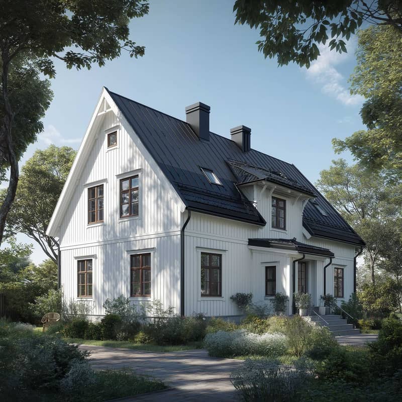 Bilden visar ett vitt trähus med svart falsat plåttak omgivet av grönskande trädgård. Taket är slätt och enhetligt, vilket gör det lämpligt för integrerade solceller. Huset har flera fönster och en entré med trappa och buskar framför. Omgivningen består av träd, buskar och en stenlagd gång.