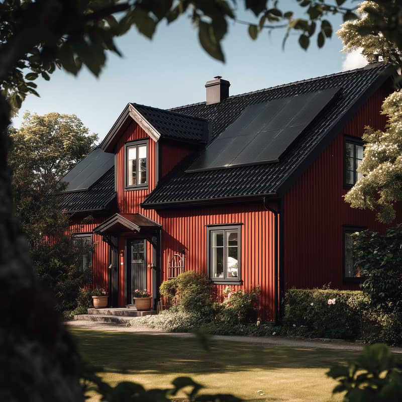 En röd träfasad med svart tegeltak pryds av installerade solpaneler som smälter in i husets design. Solcellerna är placerade på den sluttande takytan och fångar upp solljuset. Framför huset syns en välskött trädgård med gröna buskar och blommor. Bilden visar hur solceller kan integreras på ett traditionellt tegeltak i en harmonisk miljö.