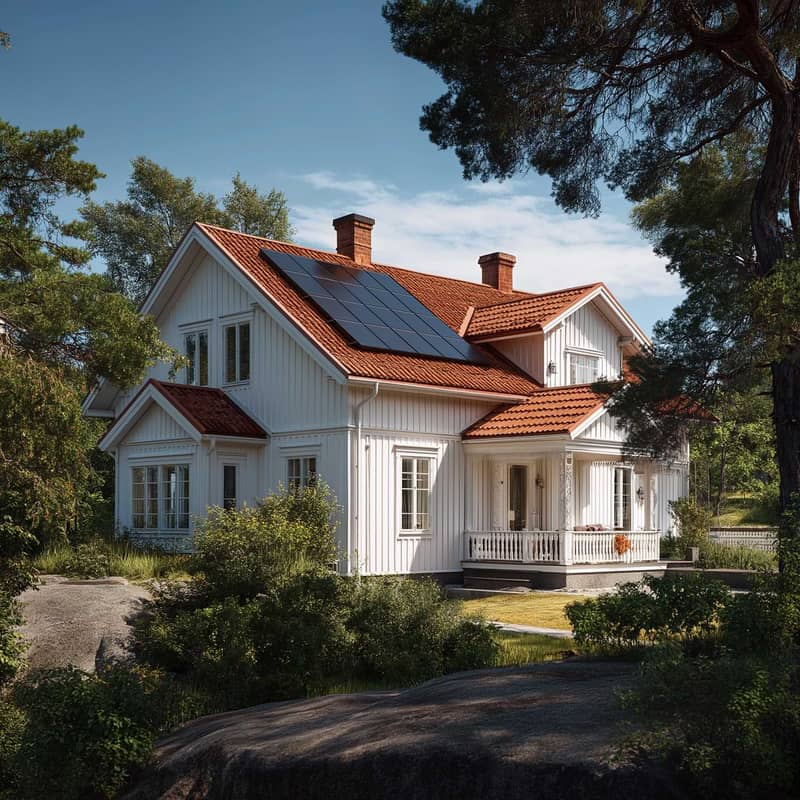 Ett vitt trähus med rött tegeltak har solceller installerade på en av takytorna. Solpanelerna ligger snyggt integrerade i takets lutning. Huset är omgivet av grönska och träd i en naturnära miljö. Bilden visar hur solceller kan monteras på ett klassiskt tegeltak.
