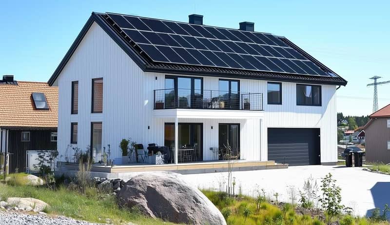 En modern villa med vita träfasader och stora fönster, utrustad med solpaneler på taket. Huset har en balkong och en uteplats med utemöbler. Framför huset syns en stenlagd uppfart och en liten trädgård med gräs och stenar. Det är en solig dag och grannhusen i bakgrunden har röda tegeltak.