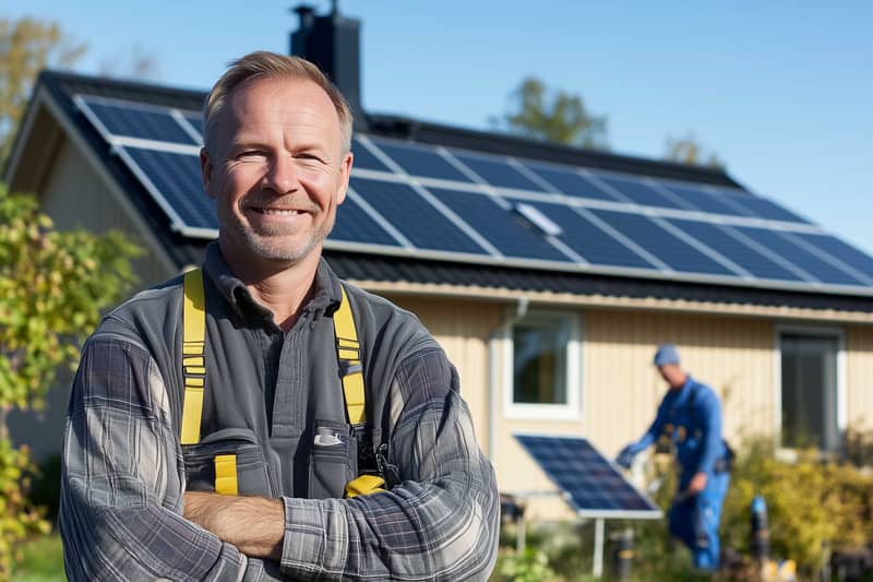 glad solcellsinstalltor med solceller på ett tak i bakgrunden