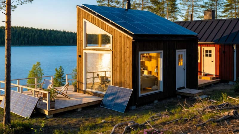 Ett trähus vid en sjö med solceller på taket och fristående paneler på altanen för off grid-elproduktion.
