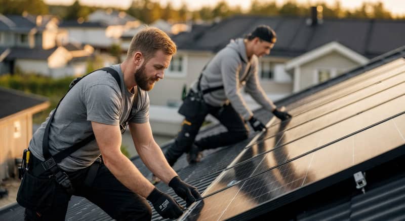 Två installatörer monterar solpaneler på ett hustak under en solcellsinstallation.