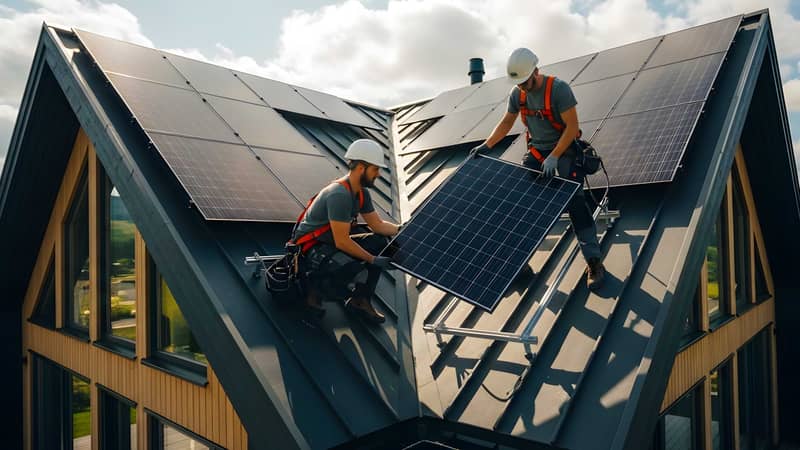 Två solcellsinstallatörer med skyddsutrustning monterar solpaneler på taket till ett modernt hus.