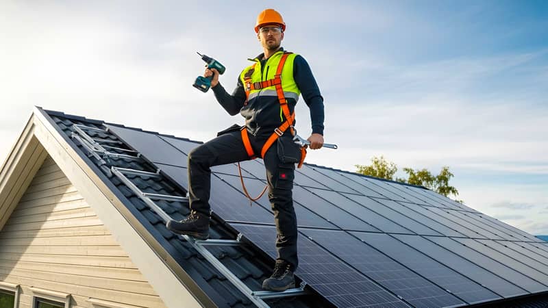 En solcellsmontör installerar solpaneler på ett hustak med säkerhetsutrustning och verktyg i handen.