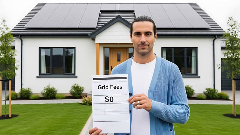 Person framför villa med solpaneler håller en skylt med texten ”Grid Fees $0”, som symboliserar slopade nätavgifter.