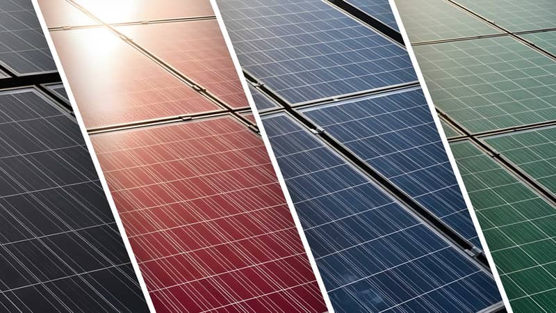 Närbilder av solpaneler i olika färger – svart, röd, blå och grön – som visar snygga solceller.