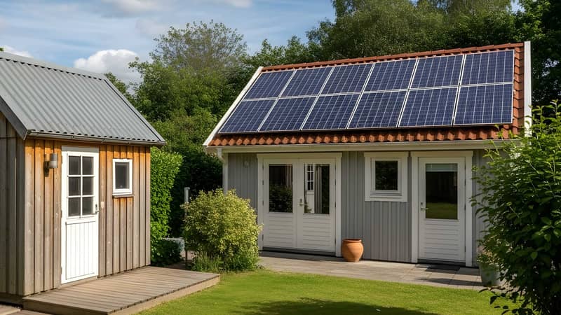 Attefallshus med solceller på taket och en friggebod bredvid i en grön trädgård.