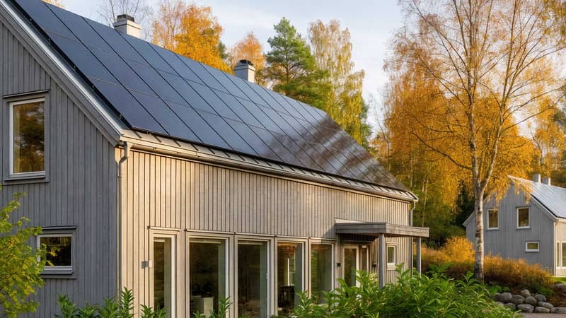 Ett modernt hus med solpaneler på taket omgiven av höstfärgad natur.