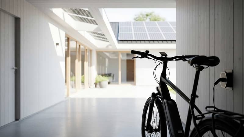 En elcykel laddas med energi från solpaneler på ett modernt hus.