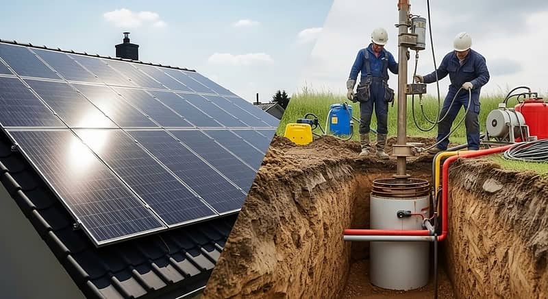Solceller på ett hustak jämförs med installation av bergvärme där arbetare borrar i marken.