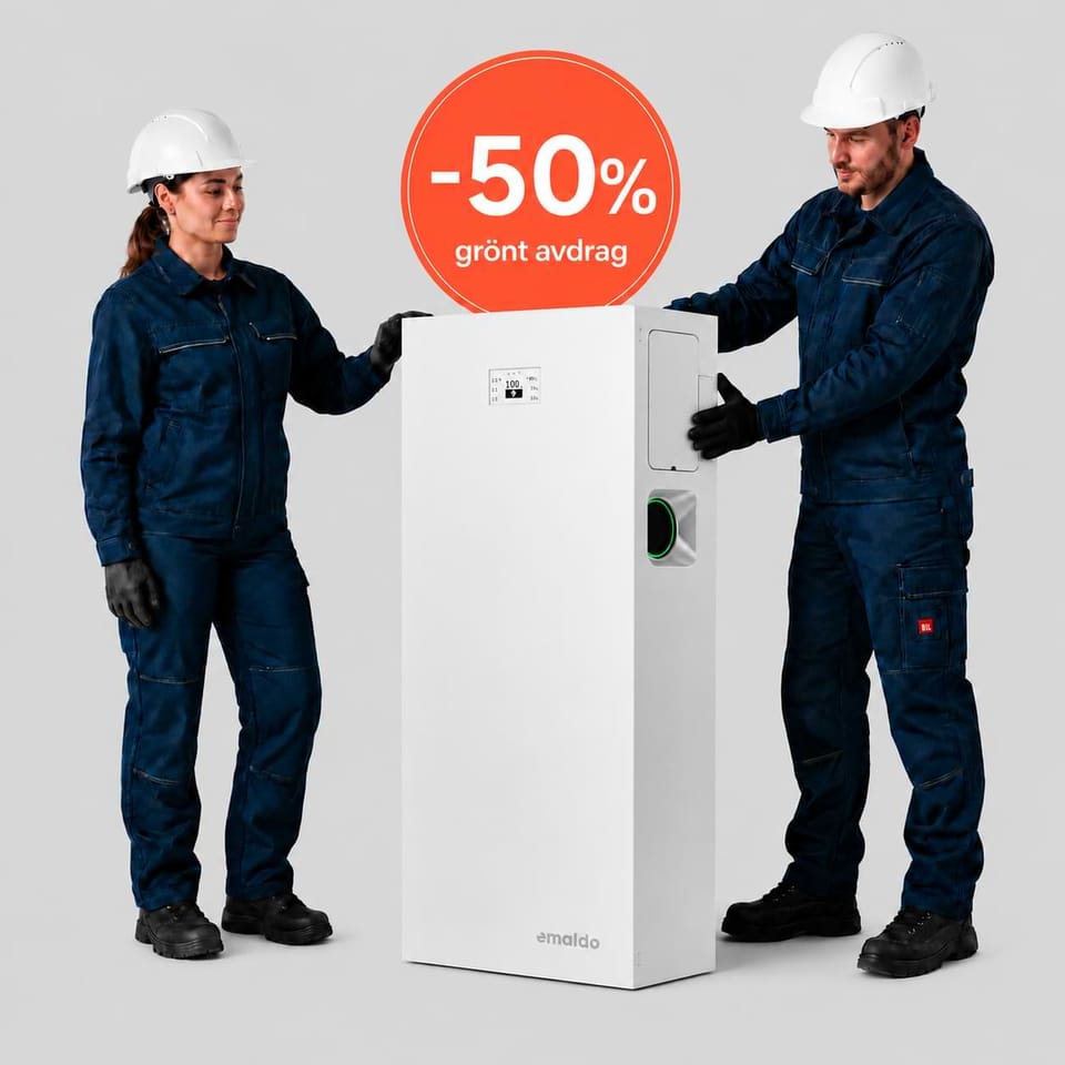 Två installatörer visar upp ett vitt Emaldo Power Core-batteri i studiomiljö. Bakom batteriet syns en orange skylt med texten -50 % grönt avdrag. Bilden lyfter batteriets moderna design och möjligheten till grönt avdrag.