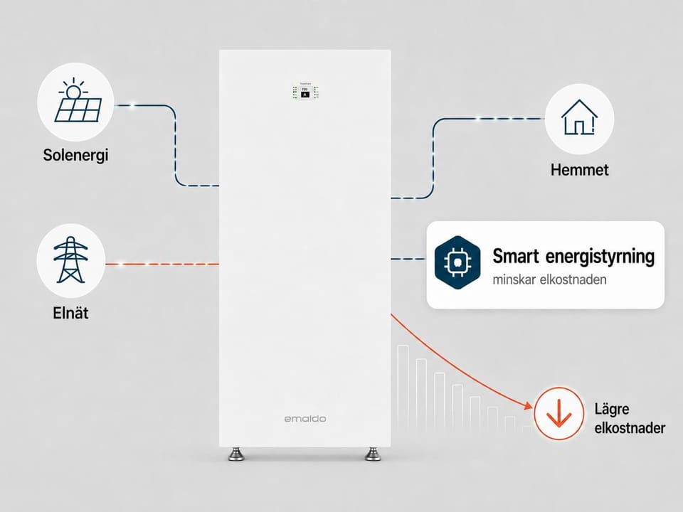 Emaldo PowerCore visas med kopplingar till solenergi, elnät och hem. En informationsruta visar smart energistyrning som kan minska elkostnaden. En orange pil och graf illustrerar lägre elkostnader.