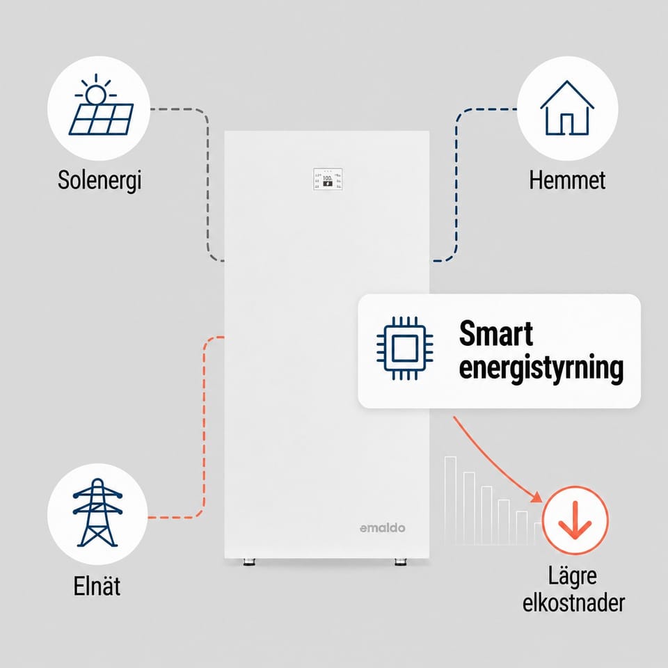 Emaldo Power Core visas med kopplingar till solenergi, elnät och hem. En informationsruta visar smart energistyrning som kan minska elkostnaden. En orange pil och graf illustrerar lägre elkostnader.