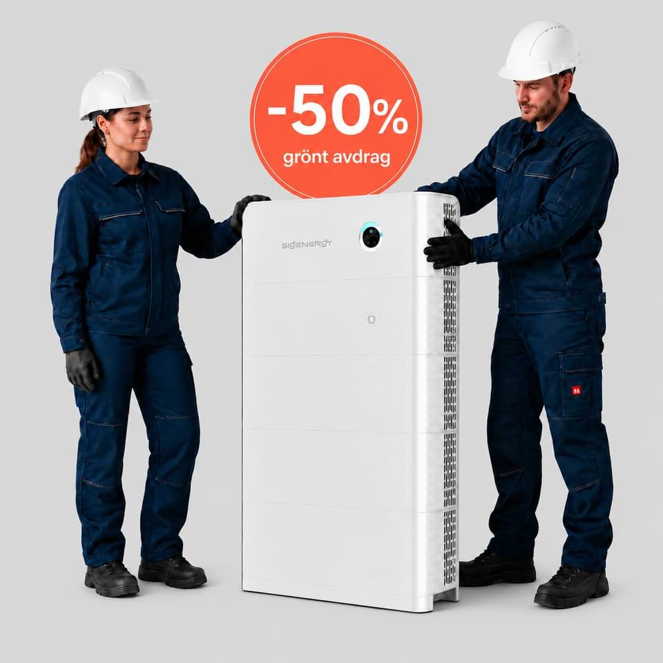 Två tekniker i hjälm står vid ett vitt Sigenergy SigenStor batteri. En röd cirkel visar 50 % grönt avdrag.