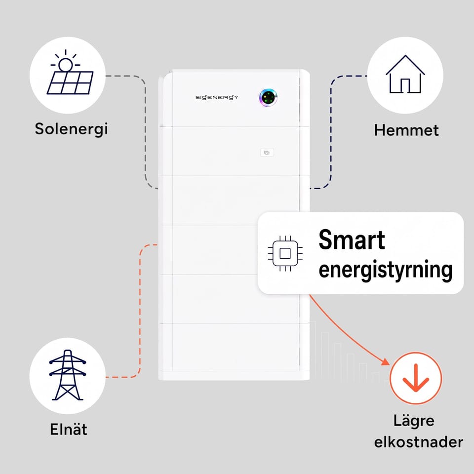 Ett vitt Sigenergy SigenStor batteri visas som central enhet mellan solenergi, elnät och hemmet. Bilden visar att smart energistyrning i batteriet kan sänka elkostnaden.
