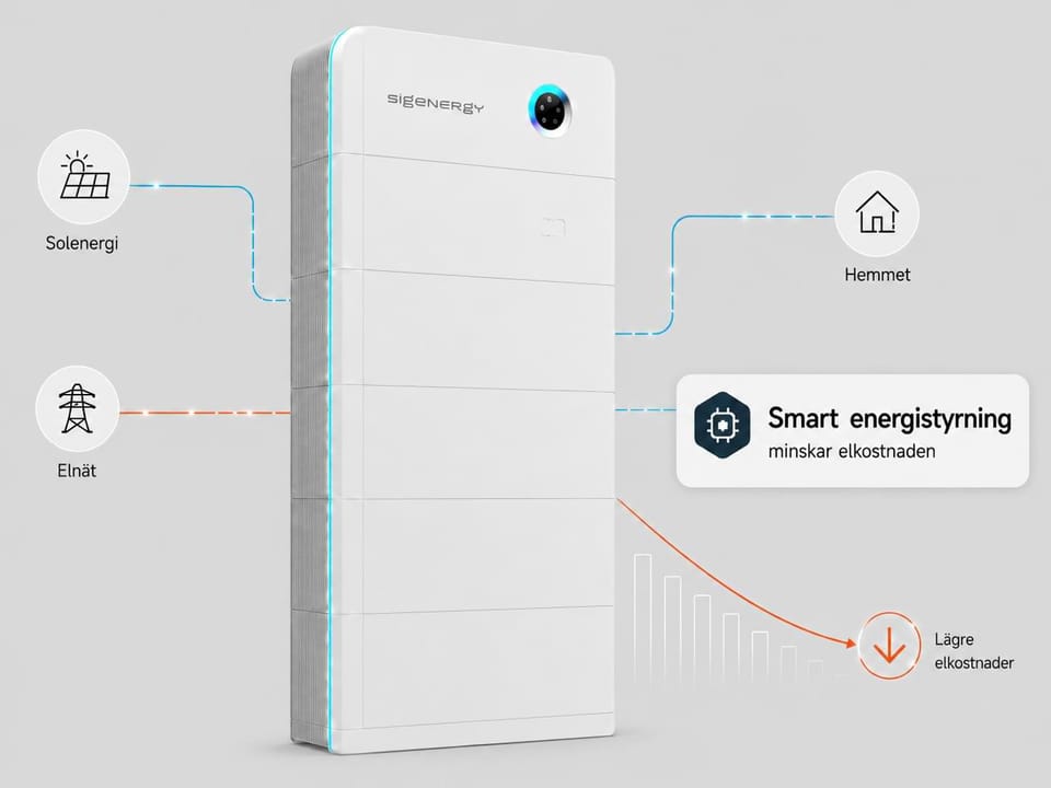 Ett vitt Sigenergy SigenStor batteri visas som central enhet mellan solenergi, elnät och hemmet. Bilden visar att smart energistyrning i batteriet kan sänka elkostnaden.